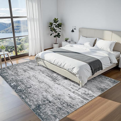 Area Rug 5x7 Living Room Rug Washable: No-Slip Abstract Soft Thin Large Gray White Rugs, Indoor Floor Stain Resistant Modern Carpet for Bedroom Dining Room Farmhouse Nursery Home Office