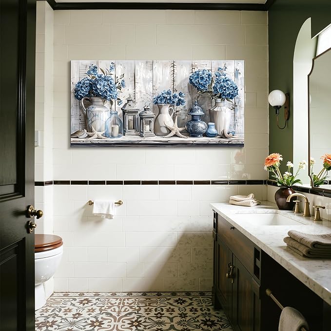 SERIMINO Extra Large Wall Art, Flower Wall Art, Nautical Wall Decor, Rustic Still Life Painting Prints, Blue Floral Starfish Pictures for Living Room Dining Room Modern Farmhouse Beach House 29"x57"