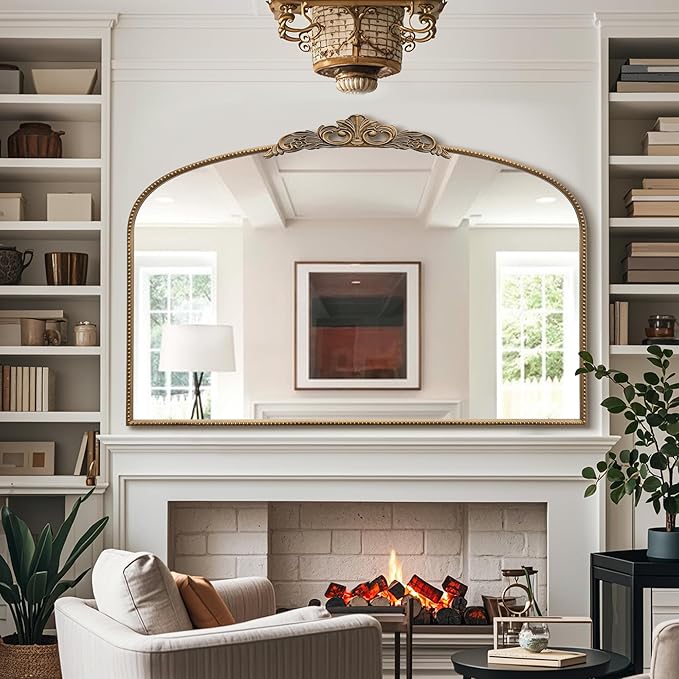Micasso Large Vintage Gold Mirror: 48"x33" French Baroque Antique Arched Mirror - Traditional Ornate Decorative for Wall/Fireplace/Mantel/Entryway/Bathroom/Hallway - Home Decor for Living Room