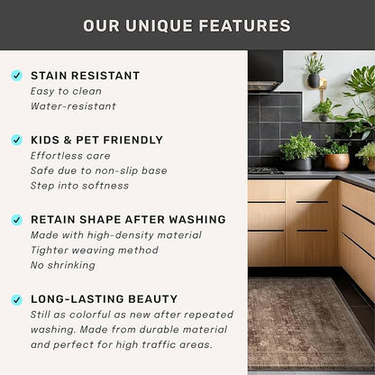 Hazo Haus Brown Washable 3x20 Extra Long Hallway Runner Rug, Neutral Boho Large Kitchen Floor Rug Indoor, Non-Slip Stain & Fade Resistant, Vintage Dark Earthy Taupe Floral Décor (3x20 Brown)