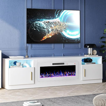 TAVATA Fireplace TV Stand with 36" Fireplace, 80" TV Stand with LED Light for TVs Up to 90", Entertainment Center Console Table with Highlight Storage Cabinets (White and White)