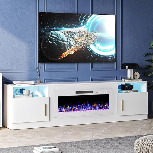 TAVATA Fireplace TV Stand with 36" Fireplace, 80" TV Stand with LED Light for TVs Up to 90", Entertainment Center Console Table with Highlight Storage Cabinets (White and White)