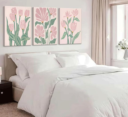 3 Pcs Pink Tulips Flowers Canvas Wall Art Boho Pink and Green Abstract Floral Botanical Paintings Pictures Wall Decor Poster Print Artwork for Living Room Bedroom Home Decoration