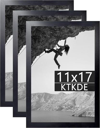 KTKDE 11x17 Picture Frame Black Woodgrain 3 Pack, Shatter Resistant Glass, Rectangle Photo Frame for Photos,Studio Gallery Wall Hanging Posters & Art Prints