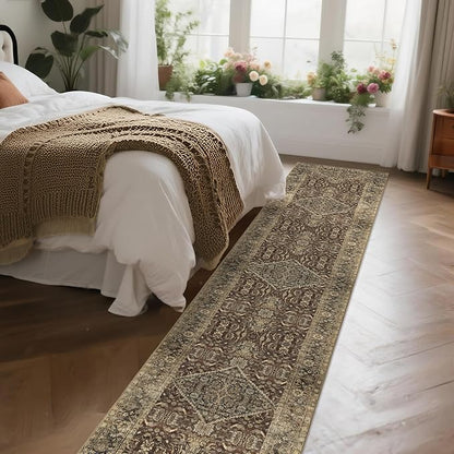 Non-Slip Runner Rugs for Hallway: 2x10 Washable Long Rug for Entryway Kitchen Bathroom Bedroom Indoor - Vintage Home Decor Mat Carpet - Brown