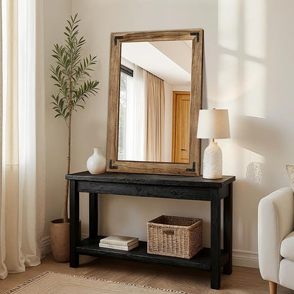 Wooden Bathroom Mirror for Wall, 38"x26" Solid Wood Frame Vanity Mirror, for Farmhouse, Bedroom, Living Room, Entryway Decor, Hangs Vertically or Horizontally