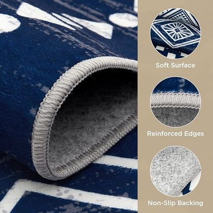Joydeco 6x9 Moroccan Living Room Rugs, Navy Blue Washable Modern Area Rug for Bedroom, Western Low Pile Non Shedding Distressed Aztec Dining Room, Aztec Soft Non Slip Carpet for Office Home Decor