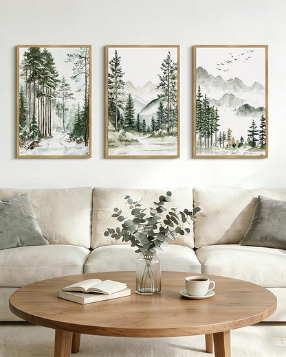 Drsoum Green Tree Forest Framed Wall Art Watercolor Nature Mountain Landscape Prints Morden Wilderness Artwork Bedroom Ready to Hang 16x24in Natural Framed