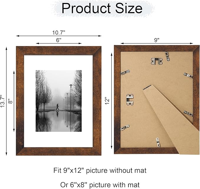 iRahmen 9x12 Picture Frame with Mat 6x8 - High Definition Tempered Glass Wooden Photo Frames for Tabletop Display and Wall Mounting (Dark Brown, Set of 2)