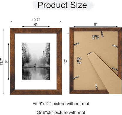 iRahmen 9x12 Picture Frame with Mat 6x8 - High Definition Tempered Glass Wooden Photo Frames for Tabletop Display and Wall Mounting (Dark Brown, Set of 2)