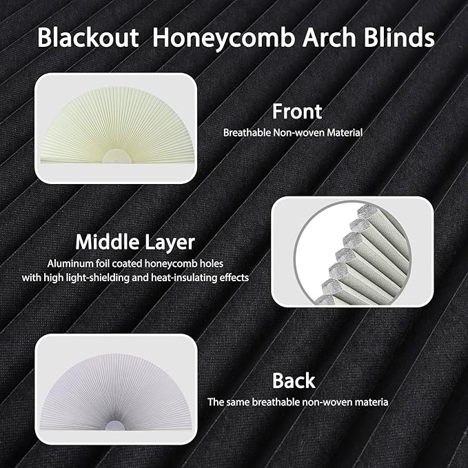 Arch Window Shade Blackout Cellular Shades Half Circle Moon Window Covering No Drill Honeycomb Cordless Blinds for Indoor Window Room Darkening Easy Install Light Blocking Blinds (1, Beige, 48x24inch)