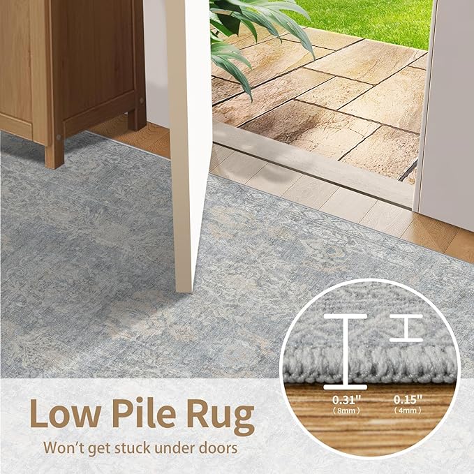 Rugxara 6x9 Area Rugs for Living Room Bedroom, Large Washable Rug, Blue Vintage Retro Boho Rug, Non Slip & Low Pile Faux Wool Thin Carpet for Indoor Dining Room and Kids Room(Blue/Beige 6x9ft)