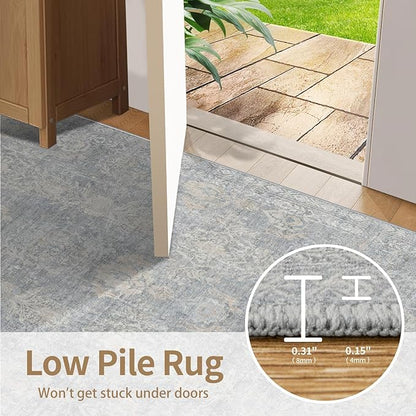 Rugxara 6x9 Area Rugs for Living Room Bedroom, Large Washable Rug, Blue Vintage Retro Boho Rug, Non Slip & Low Pile Faux Wool Thin Carpet for Indoor Dining Room and Kids Room(Blue/Beige 6x9ft)