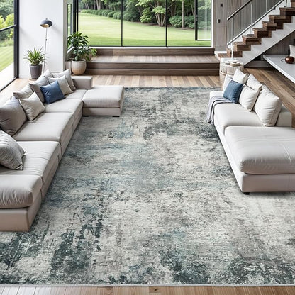 RUUGME Abstract 10X14 Washable Rug - Area Rugs for Living Room Large Indoor Ultra Thin mat for Bedroom Stain Resistant Non-Slip Backing Distressed Soft Room Farmhouse Floor Carpet 10X14 Blue