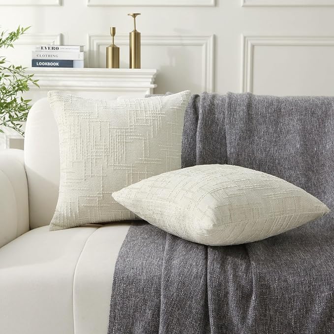 18" x 18" Decorative Throw Pillow with Inserts, Set of 2 Soft Modern Farmhouse Throw Pillows, Square Boho Pillow for Couch, Bed, Sofa Decor (White, 18" x 18"(Pack of 2))