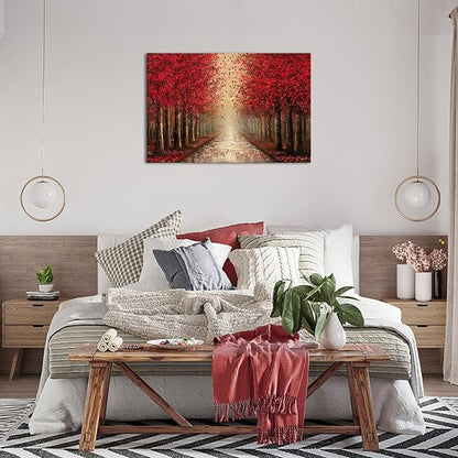 NutArtPic Forest Path Canvas Wall Art Red Tree Painting Black Red Landscape Art Prints Fantasy Tree Artwork Nature Pictures Prints 24''x36''