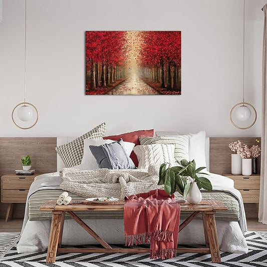 NutArtPic Forest Path Canvas Wall Art Red Tree Painting Black Red Landscape Art Prints Fantasy Tree Artwork Nature Pictures Prints 24''x36''