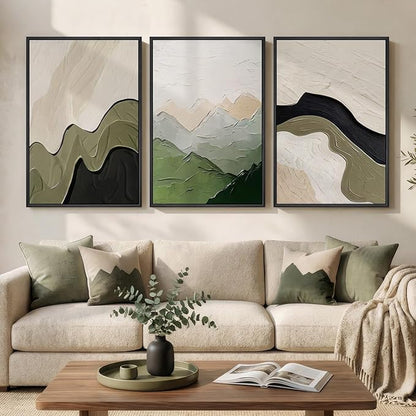 Framed Green Abstract Wall Art for Living Room, 3 Piece Large Neutral Black and Beige Artwork for Walls, Modern Minimalist Abstract Canvas Prints Paintings for Bedroom Home Office Wall Decor, 24x36 In