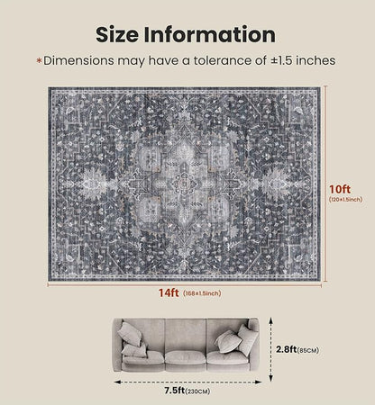 AMADA HOMEFURNISHING 10x14 Washable Area Rug, Low-Profile Large Area Rug with Non-Slip Backing & Durable Edge Binding, Vintage Large Rugs for Living Room, Bedroom & Dining Room