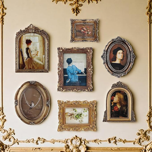 Wonderjune Vintage Picture Frames Set with Glass Front Antique Gold Gallery Wall Frame for 4x6, 5x7 Baroque for Home Decor Photography Props Gifts, Wall or Tabletop(7 Pcs,Rococo)