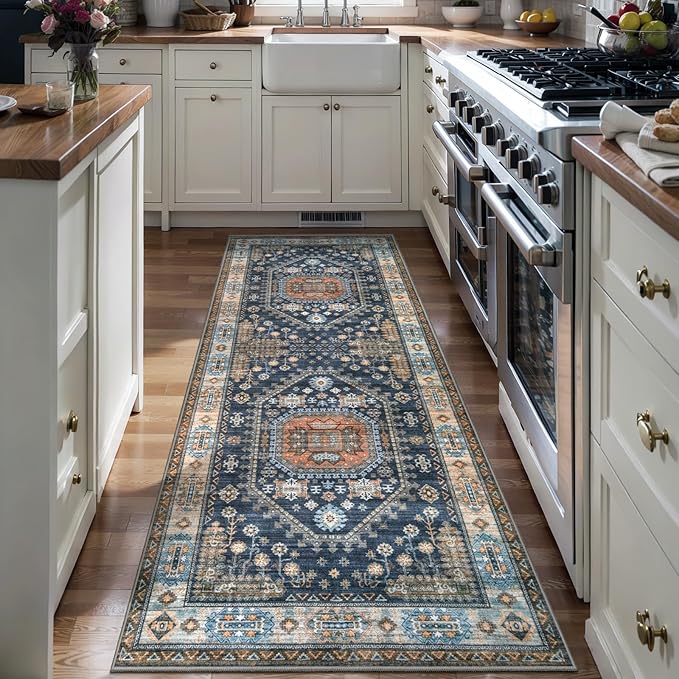 Tangsoo Vintage Geometric 2x6 Washable Runner Rug for Hallways,Blue Orange Non-Slip Rubber Backing Mat Non-Slip Low Pile Long Rug Runner for Kitchen Bedroom Entryway Laundry
