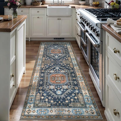 Tangsoo Vintage Geometric 2x6 Washable Runner Rug for Hallways,Blue Orange Non-Slip Rubber Backing Mat Non-Slip Low Pile Long Rug Runner for Kitchen Bedroom Entryway Laundry