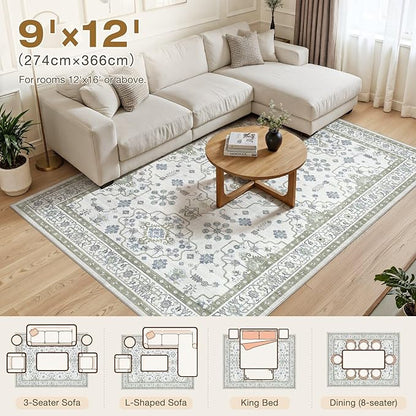 Area Rug 9x12 for Living Room - Washable Oriental Vintage Floral Distressed Large Indoor Carpets with Non Slip Back for Bedroom Dining Room Nursery Office Home Decor -Light Green