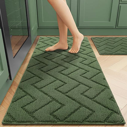hicorfe Kitchen Runner Rugs and Mats Sets,2 Pieces Absorbent Non-Slip Kitchen Rug,Comfort Kitchen Mat for Floor,Washable for Kitchen,Hallway,Office,Sink,Laundry(20"x59"+20"x32",Green)