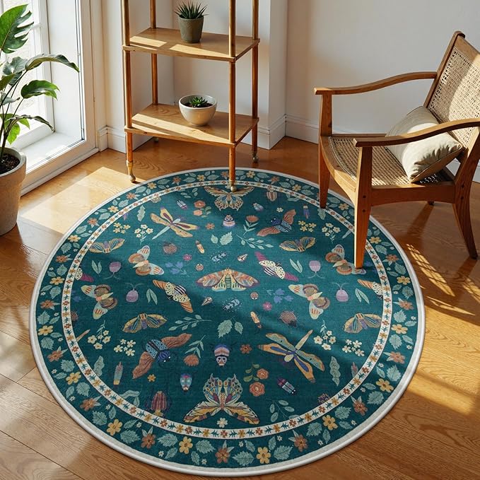 Lahome Insect Washable Round Rugs, Non-Slip Soft Round Rug 4ft Ultra-Thin, Small Boho Circle Carpet for Entryway Kitchen Bedroom Nursery Bathroom Vionnet, Dark Green