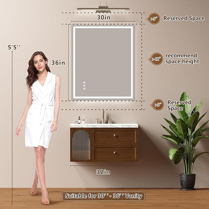 30x36 Inch LED Lighted Bathroom Mirror - Anti-Fog Vanity Mirror with Dimmable Front & Backlit, 3 Color Temp, Smart Memory - Shatterproof HD Glass, IP54 Waterproof Wall Mounted for Makeup Shaving