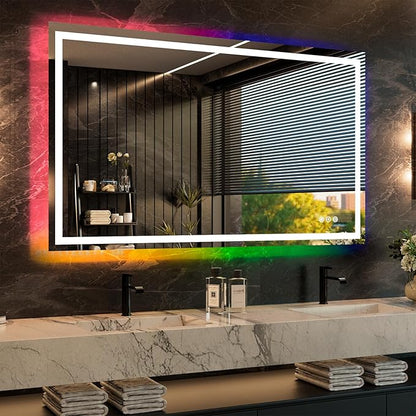 WTTY LED Bathroom Mirror 60"x36" with RGB Backlit and Front Light,Stepless Dimmable LED Mirror for Bathroom,Lighted Bathroom Vanity Mirror,Anti-Fog,Memory Function,Shatter-Proof,Wall Mounted