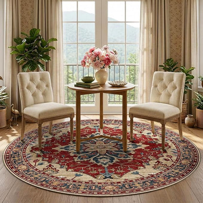 RELEANY Area Rugs Round 5ft Washable Non-Slip, Floral Vintage Distress Print Pattern Medallion Carpet for Living Room Bedroom Dining Room, Red Blue
