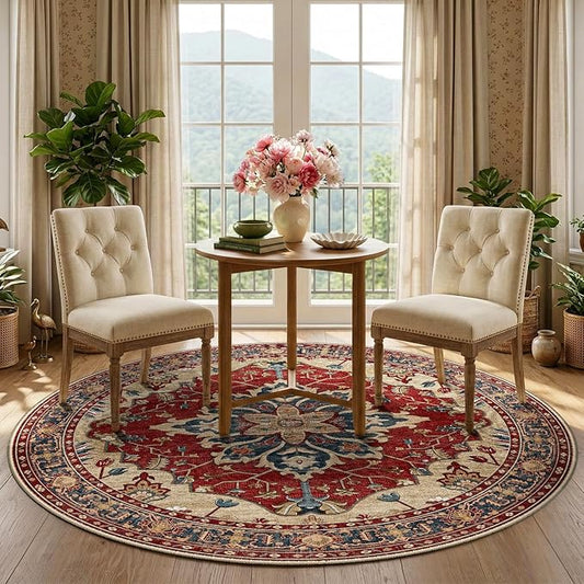 RELEANY Area Rugs Round 5ft Washable Non-Slip, Floral Vintage Distress Print Pattern Medallion Carpet for Living Room Bedroom Dining Room, Red Blue
