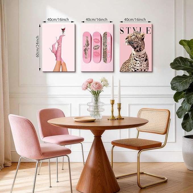 WENGTIAO 3Pcs Pink Leopard Canvas Wall Art Fashion Cheetah Paintings Prints Lucky Skateboard Pictures Boots Martini Posters Decor Coquette Preppy Aesthetic Artwork for Living Room Bedroom 16x24x3 inch