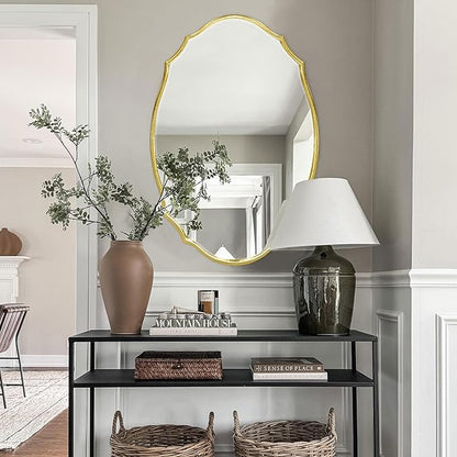 36''x24'' Wood Framed Gold Vintage Mirror, Large Antique Mirrors for Wall, Rustic Thick Frame Polygon Oval Mirror Decor Bathroom Living Room Entryway Stairway Kitchen (Gold)