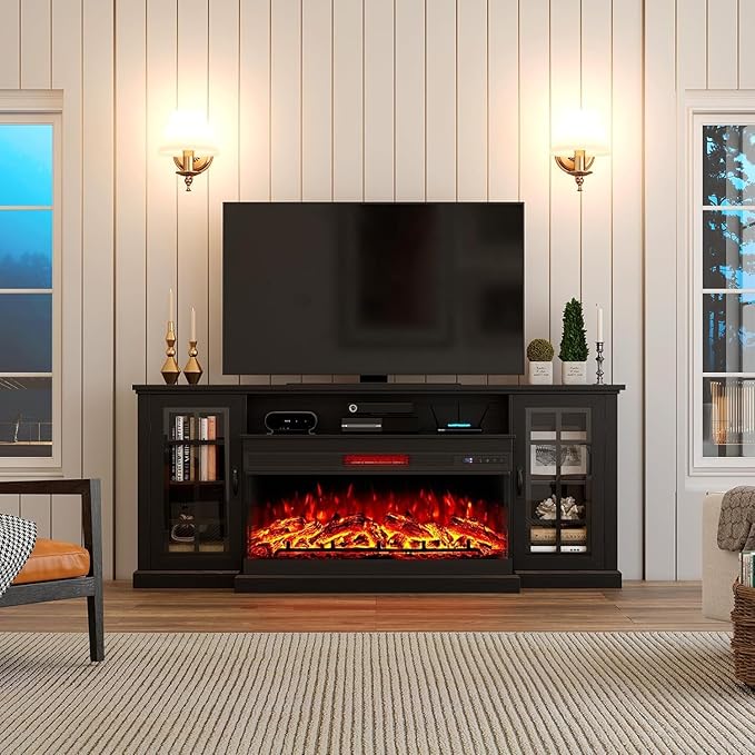 AMERLIFE 75in 3-Sided Glass Fireplace TV Stand for TVs up to 85", Rustic Fireplace Media Entertainment Center Console Cabinet Table with Glass Door Closed Storage, Black