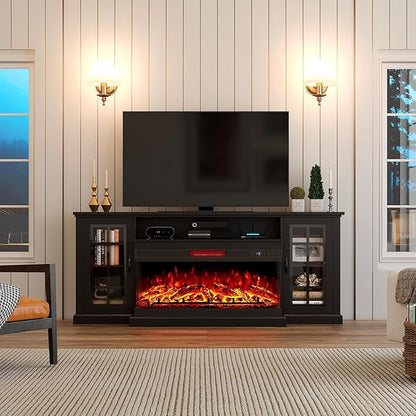AMERLIFE 75in 3-Sided Glass Fireplace TV Stand for TVs up to 85", Rustic Fireplace Media Entertainment Center Console Cabinet Table with Glass Door Closed Storage, Black