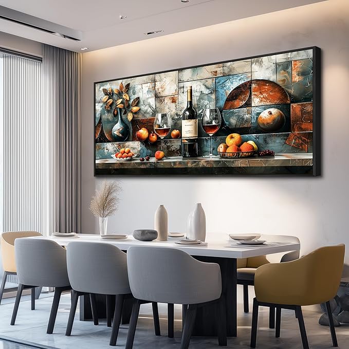hyidecorart Large Framed Wall Art for Kitchen Vintage Wall Decor For Living Room Dining Room Decorations Modern Pictures Still Life Wine Glass Fruit Canvas Prints Painting Artwork Home Decor 32x72 In