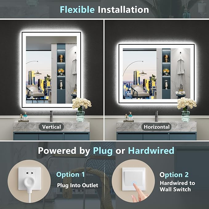 36x36 Black Framed LED Bathroom Mirror with Lights, Backlit and Front Lit Anti-Fog Lighted Vanity Mirrors for Bathroom Wall, Dimmable, 3 Colors, Memory, HD Tempered Glass, Horizontal/Vertical