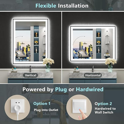 36x36 Black Framed LED Bathroom Mirror with Lights, Backlit and Front Lit Anti-Fog Lighted Vanity Mirrors for Bathroom Wall, Dimmable, 3 Colors, Memory, HD Tempered Glass, Horizontal/Vertical