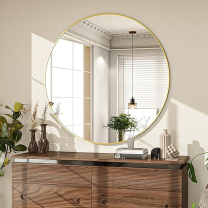 Round Mirror Wall Mounted Mirror - 28" Circle Mirror Bathroom Vanity Mirror with Aluminum Frame for Bedroom Living Room, Entryway Decor Gold Mirror