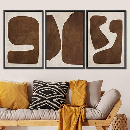 SIGNLEADER Framed Canvas Print Wall Art Set Brown Tan Retro Polygon Collage Abstract Shapes Illustrations Modern Art Geometric Zen Mid-Century for Living Room, Bedroom, Office - 24"x36"x3 BLACK