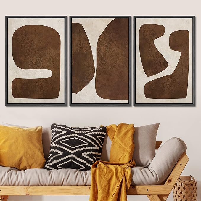 SIGNLEADER Framed Canvas Print Wall Art Set Brown Tan Retro Polygon Collage Abstract Shapes Illustrations Modern Art Geometric Zen Mid-Century for Living Room, Bedroom, Office - 16"x24"x3 BLACK