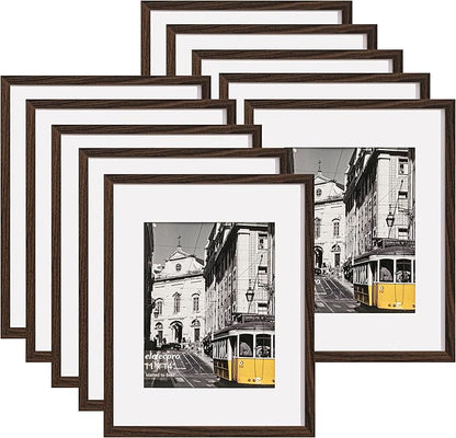 eletecpro 11x14 Picture Frames Set of 10, Picture Frames Collage Wall Decor Display 8x10 Photo With Mat or 11x14 without Mat, Home Decor Gallery Frame for Wall Mounting, Walnut Brown