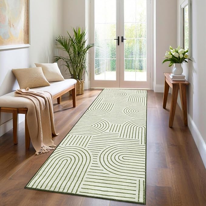 ROYHOME Modern Rug 2x6 Runners for Hallways, Abstract Kitchen Runner Rugs Non Slip Bath Runners, Rainbow Washable Runners Rug for Bedroom, Soft Long Rugs for Entryway Bathroom Laundry Dorm, Green