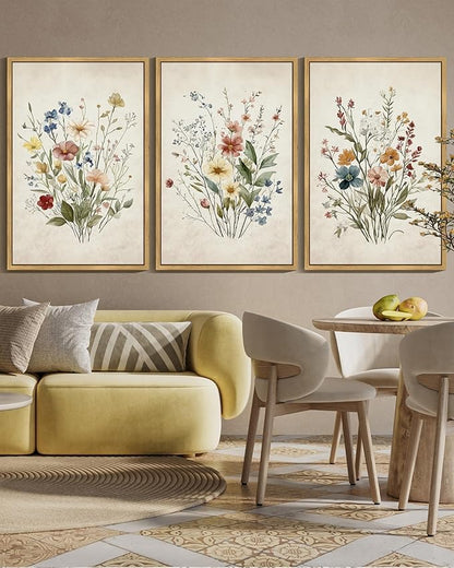 Drsoum Vintage Flower Bouquet Framed Retro Wildflower Botanical Pictures Prints Modern Colorful Floral Rustic Artwork Bedroom Living Room Ready to Hang 24x36in Natural Framed