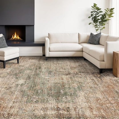Brown and Green Rug for Living Room, Washable 5x7 Modern Abstract Area Rug for Bedroom, Foyer, Indoor Entryway, Home Office, Low Pile & Stain Resistant