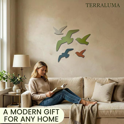 TERRALUMA 5-Piece Bird Wall Decor Set, Double-Sided Painted Wooden Wall Art, Birds in Flight for Coastal & Modern Home Decor