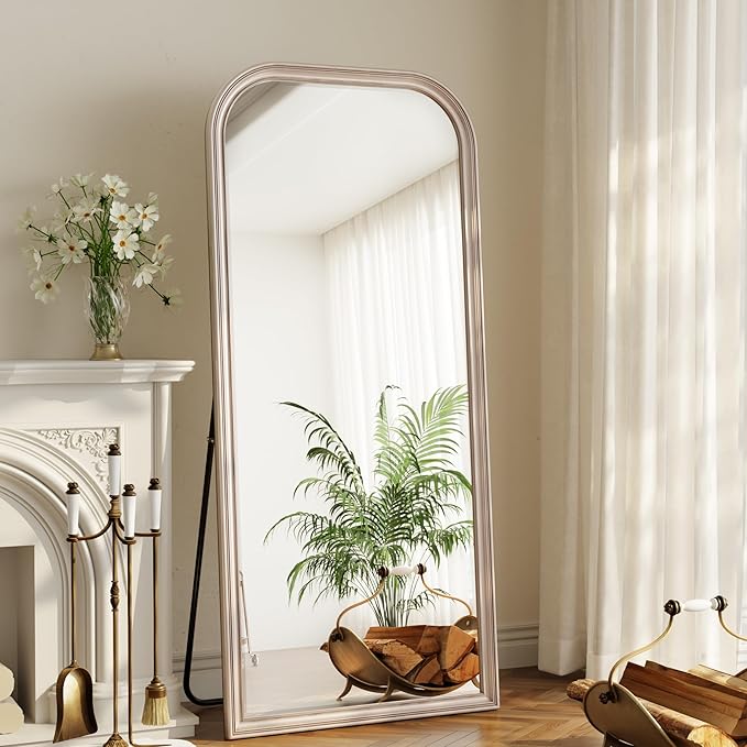 32"×71" Rounded Top Large Full Length Mirror, Arched Vintage Floor Stangding Body Mirror - PU Frame, Wall Mounted Hanging Leaning Antique Decor for Dressing Room, Entryway, Bedroom, Silver