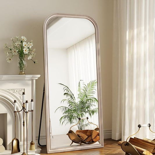 32"×71" Rounded Top Large Full Length Mirror, Arched Vintage Floor Stangding Body Mirror - PU Frame, Wall Mounted Hanging Leaning Antique Decor for Dressing Room, Entryway, Bedroom, Silver